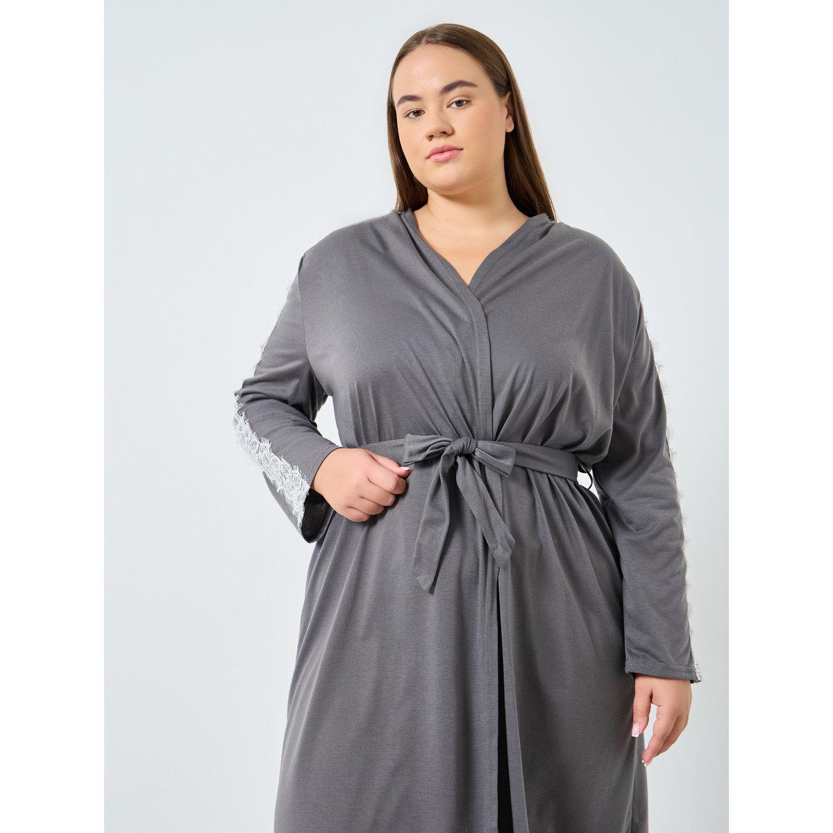 Styli Plus Size Grey Robe with Lace Sleeves-women-clothing-nightwear-pyjamas-tops-image-2