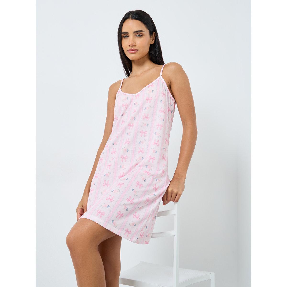 Styli Linear Bow Print V Neck Slip Dress-women-clothing-nightwear-nighties-image-1