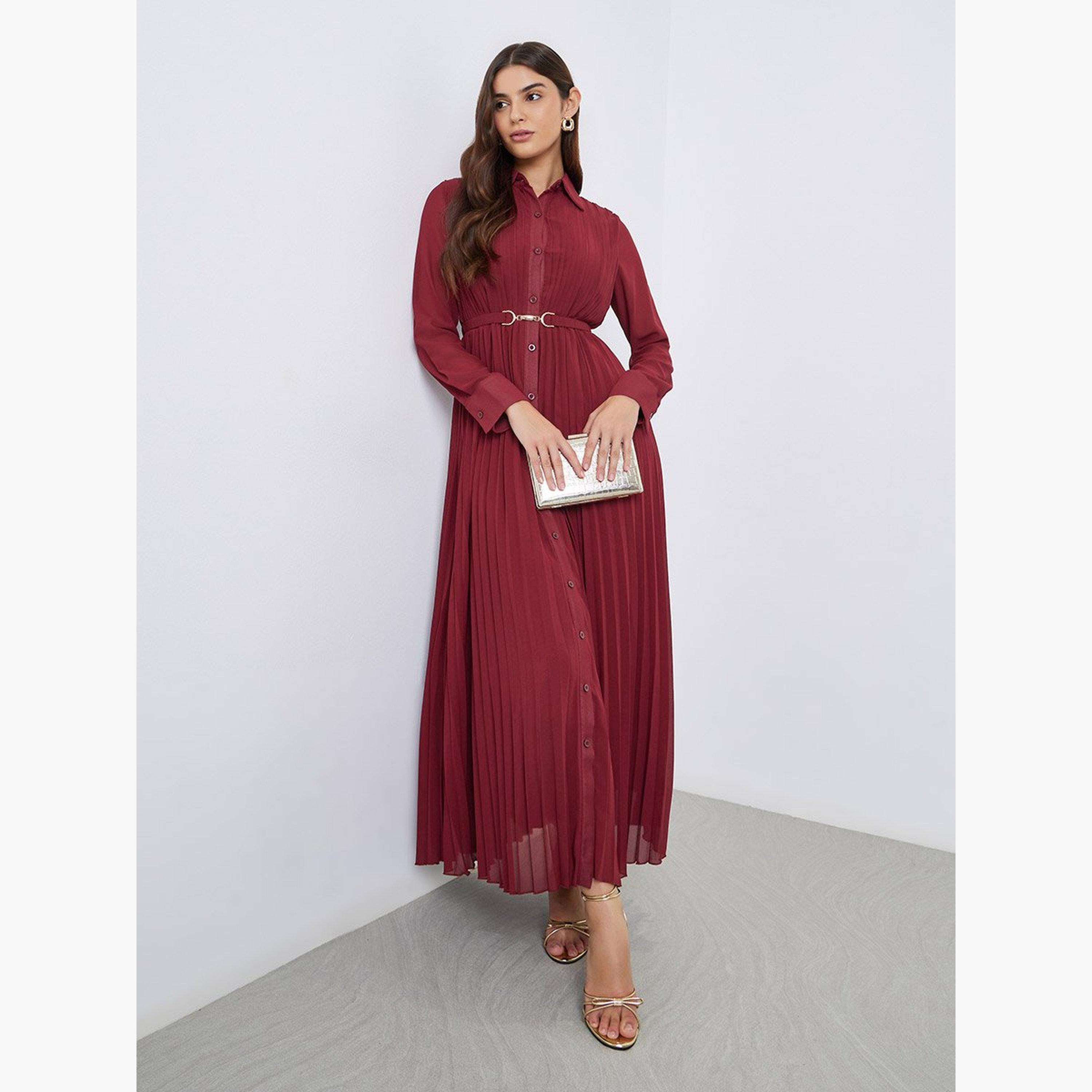 Styli Pleated Shirt Maxi Dress with Belt Detail-women-clothing-dresses-image-1