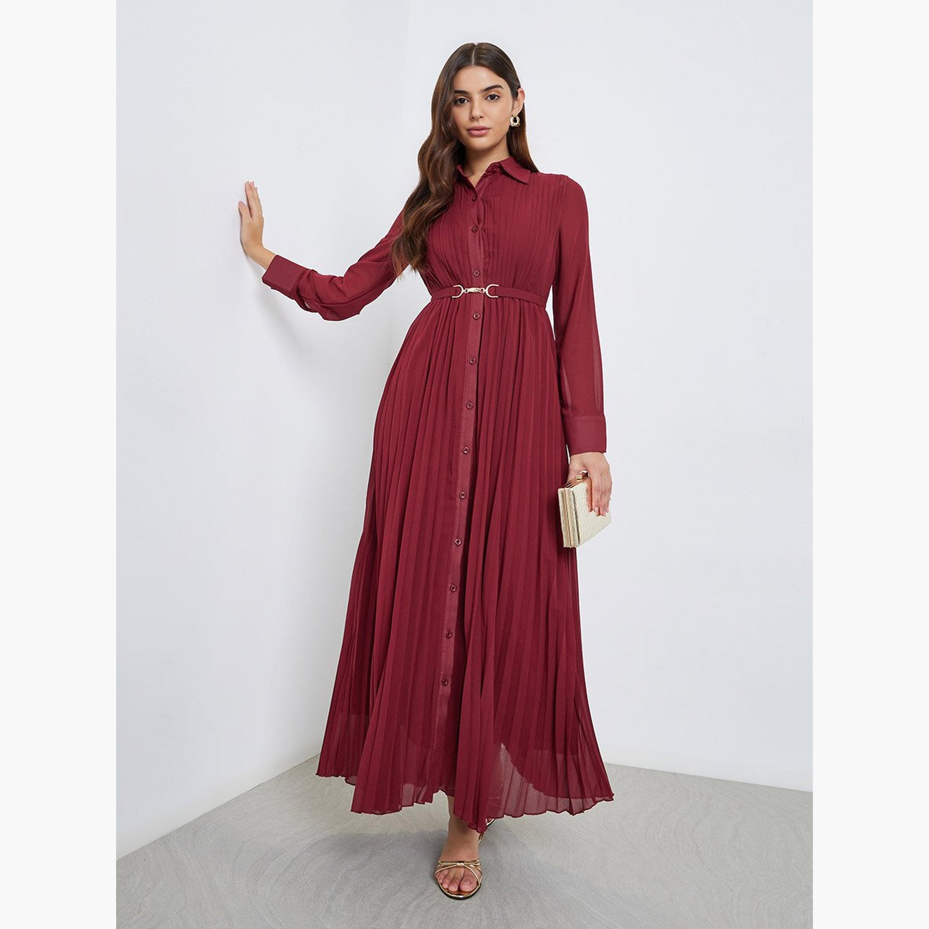 ستايلي - فستان ماكسي بكسرات مع حزام-women-clothing-dresses-image-2