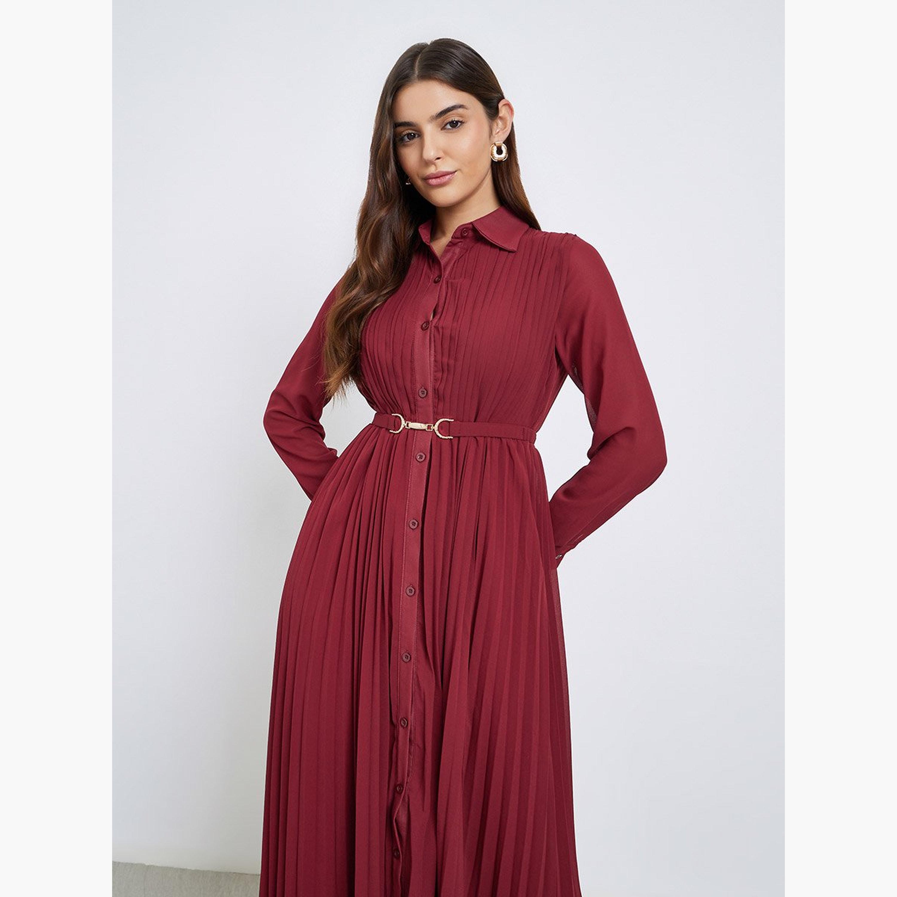 ستايلي - فستان ماكسي بكسرات مع حزام-women-clothing-dresses-image-3