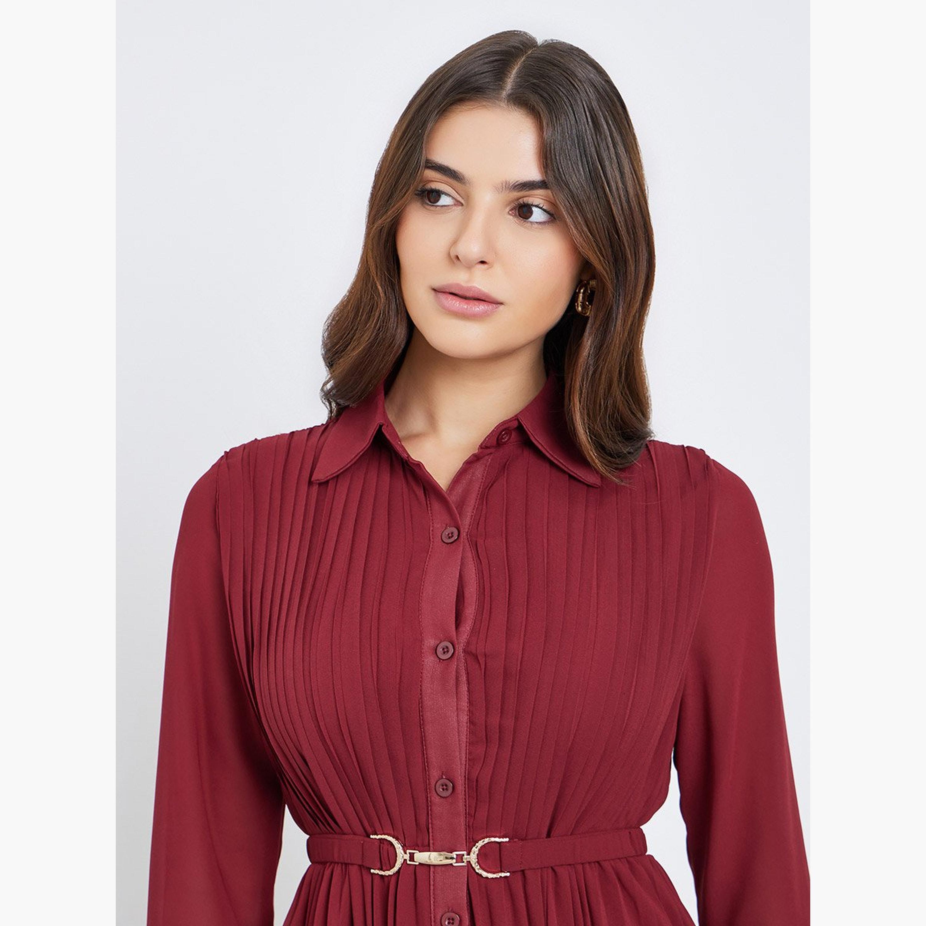 ستايلي - فستان ماكسي بكسرات مع حزام-women-clothing-dresses-image-4