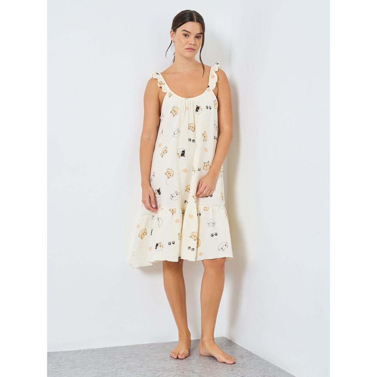 Styli Cotton Gauze Cat Print Ruffled Slip Dress-women-clothing-nightwear-nighties-image-1
