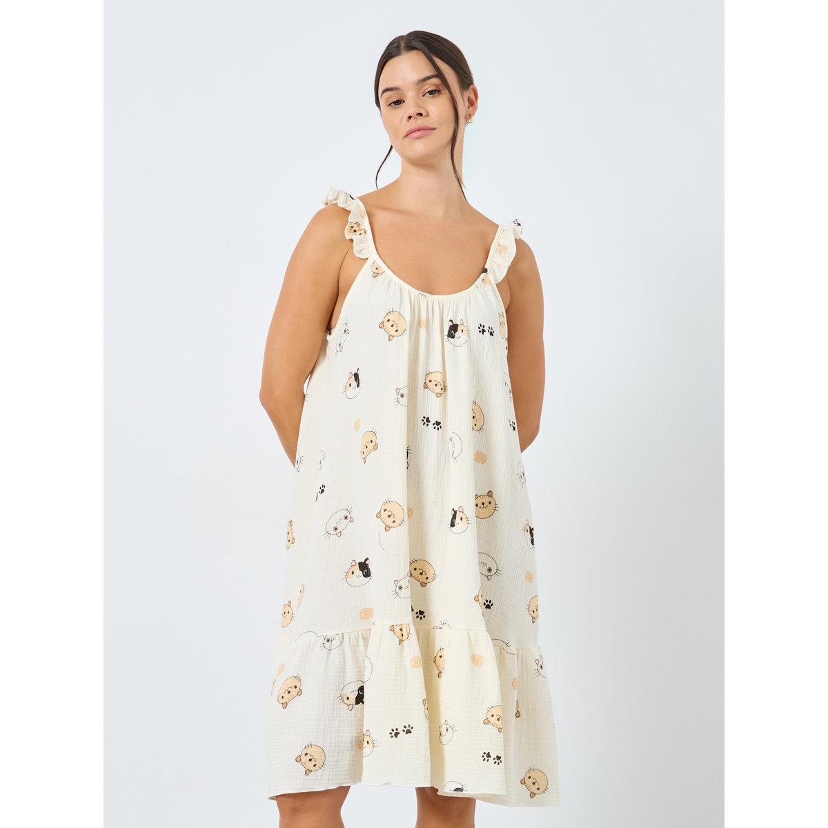 Styli Cotton Gauze Cat Print Ruffled Slip Dress-women-clothing-nightwear-nighties-image-2