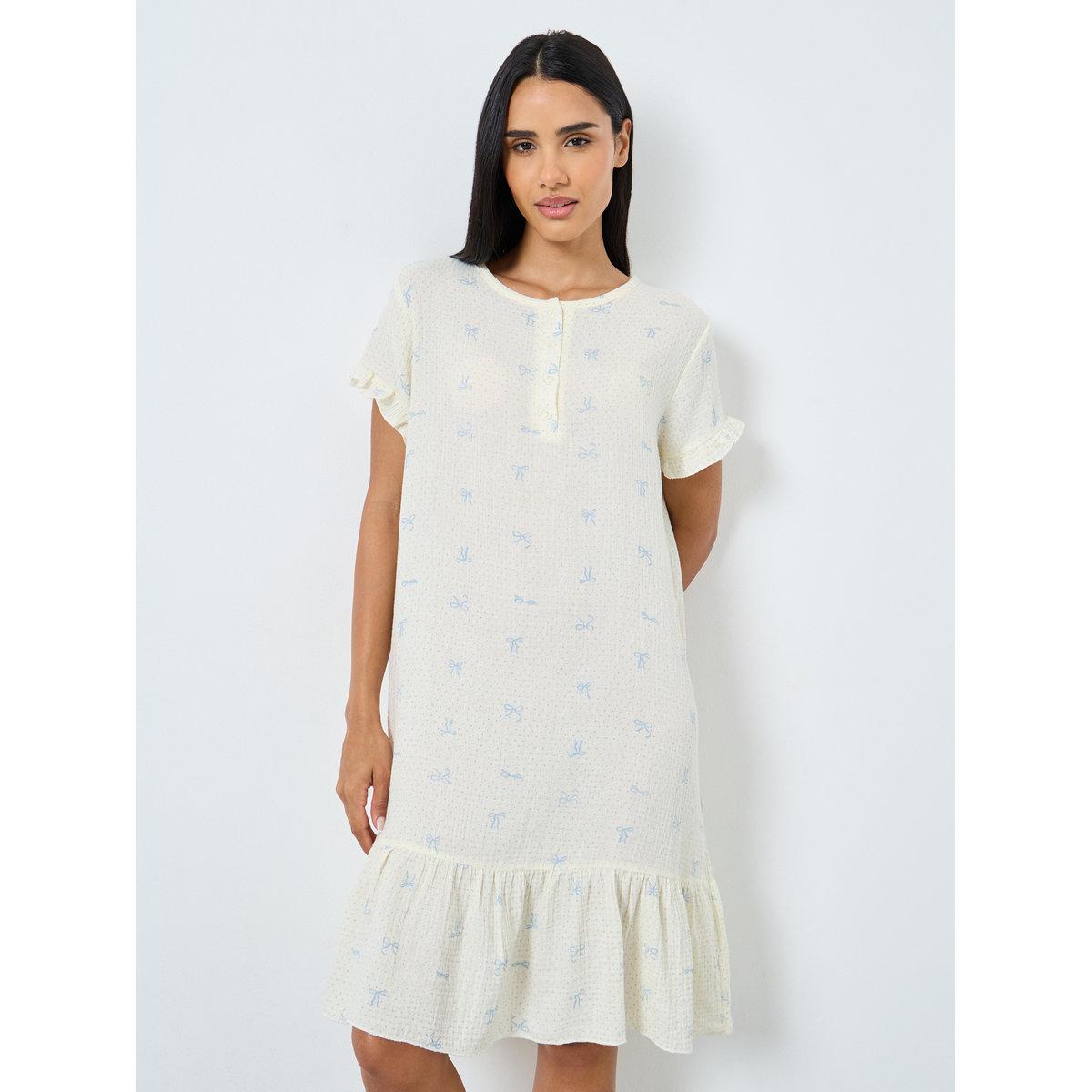 Styli Cotton Gauze Placket Detail Ruffled Nightdress-women-clothing-nightwear-nighties-image-1