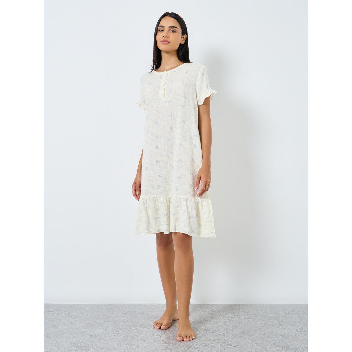 Styli Cotton Gauze Placket Detail Ruffled Nightdress-women-clothing-nightwear-nighties-image-2