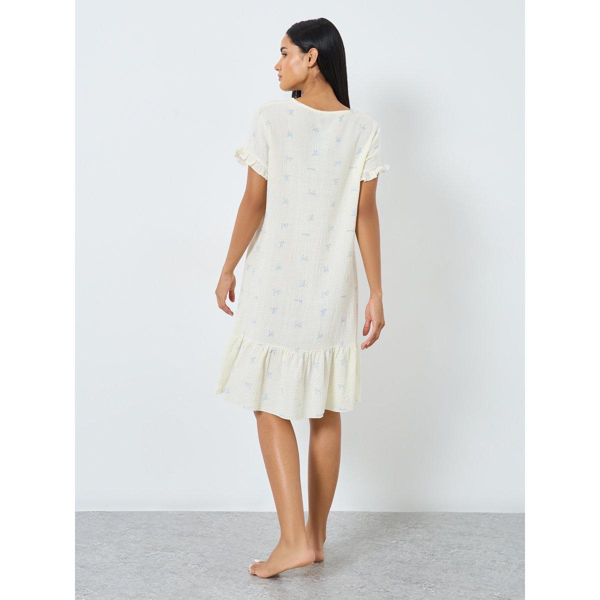 Styli Cotton Gauze Placket Detail Ruffled Nightdress-women-clothing-nightwear-nighties-image-4