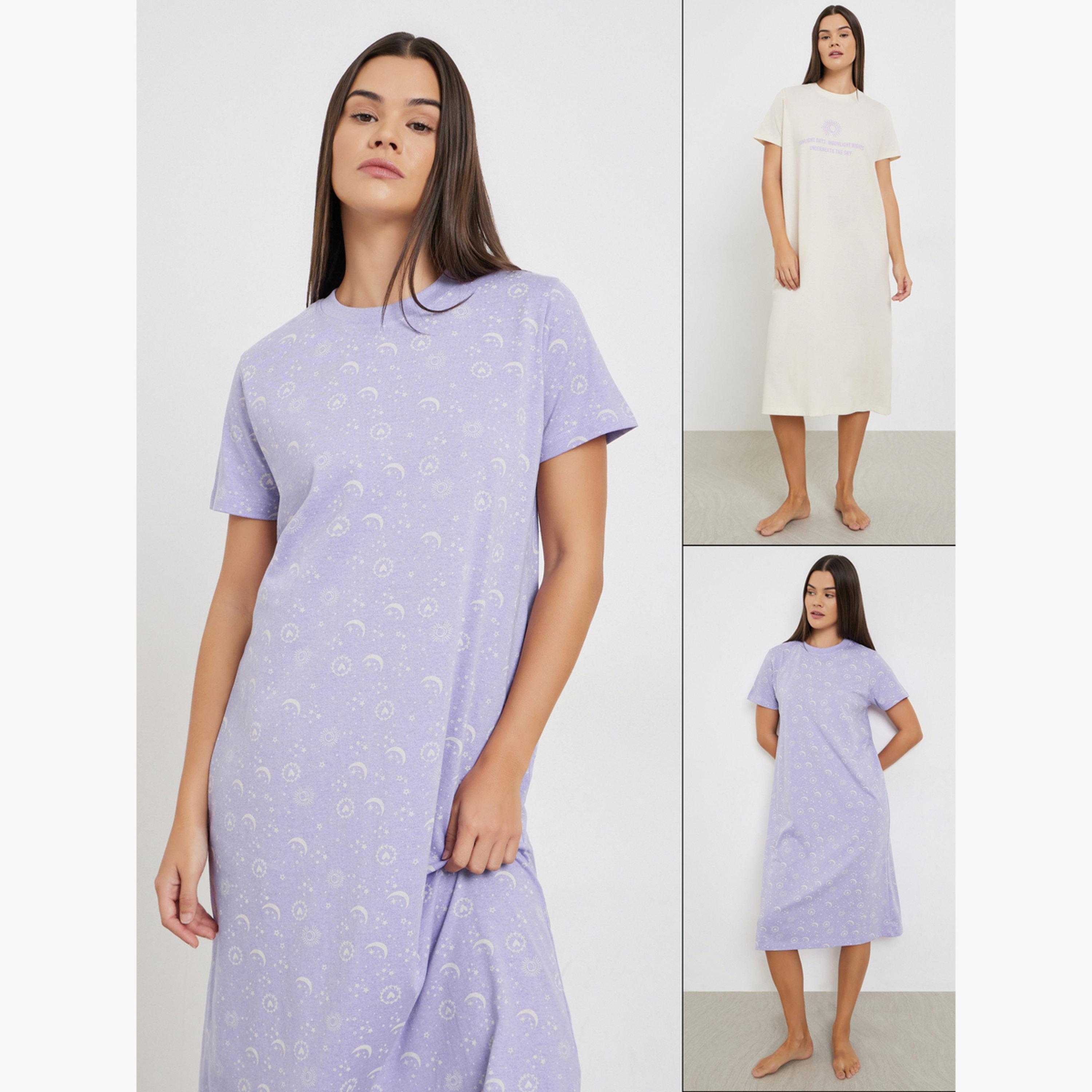ستايلي - عبوة من قطعتين - فستان نوم برسومات الشمس والقمر-women-clothing-nightwear-nighties-image-1