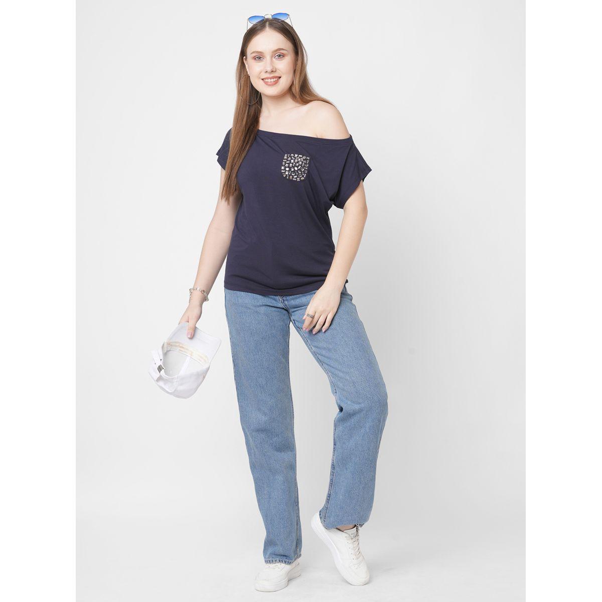 Mish Women Navy Blue Embellished Detail One Side Off-Shoulder T-Shirt-women-clothing-tshirts-image-1