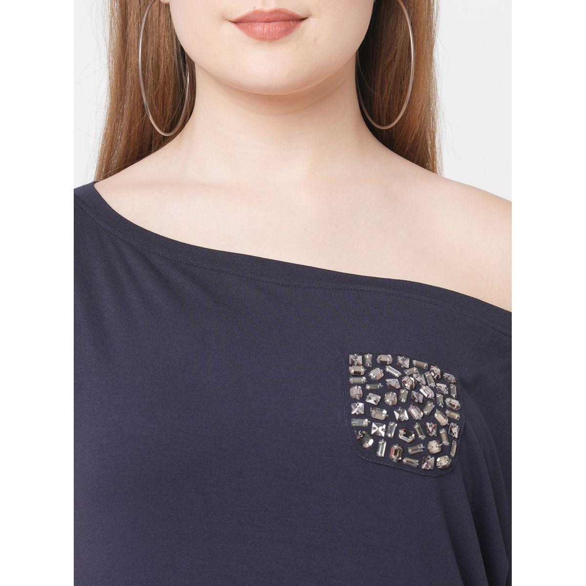 Mish Women Navy Blue Embellished Detail One Side Off-Shoulder T-Shirt-women-clothing-tshirts-image-2