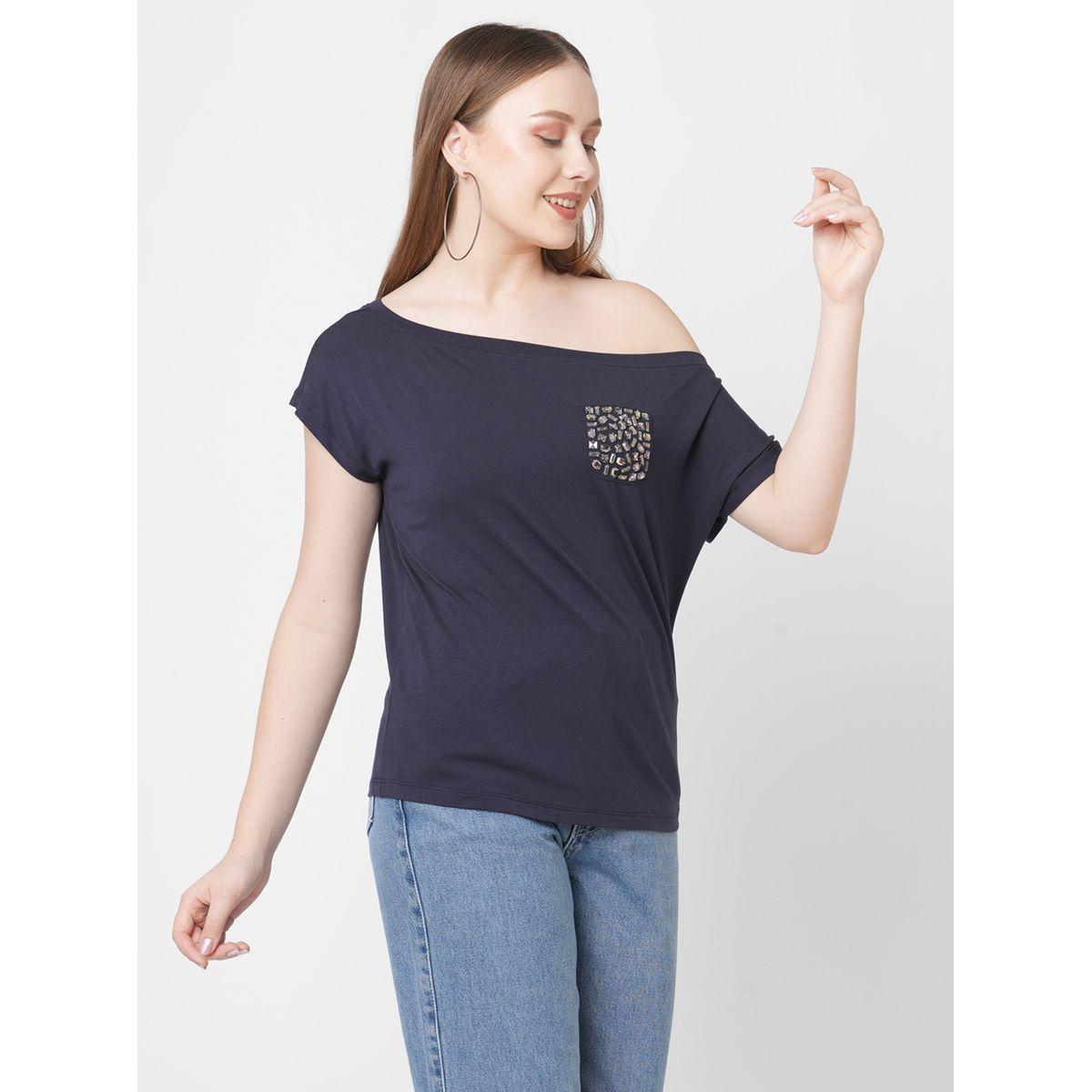 Mish Women Navy Blue Embellished Detail One Side Off-Shoulder T-Shirt-women-clothing-tshirts-image-3