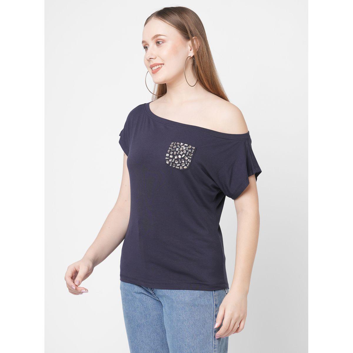 Mish Women Navy Blue Embellished Detail One Side Off-Shoulder T-Shirt-women-clothing-tshirts-image-4