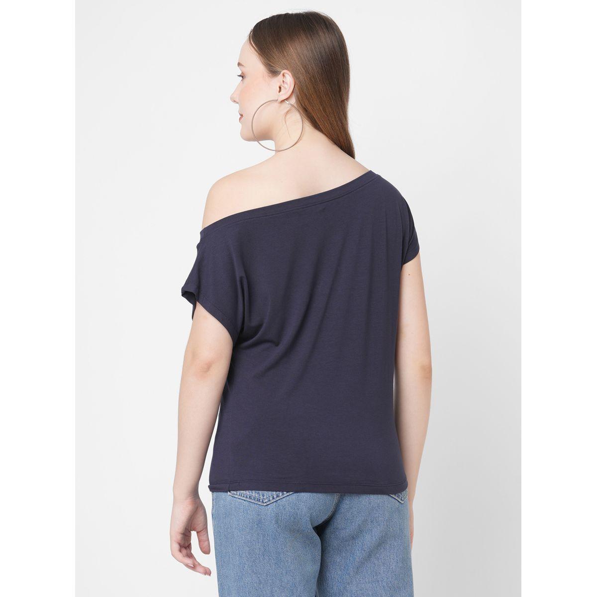 Mish Women Navy Blue Embellished Detail One Side Off-Shoulder T-Shirt-women-clothing-tshirts-image-5