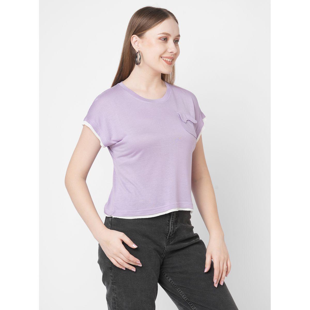 Mish Women Purple Contrast Trim Short Sleeve T-Shirt with Flap Pocket-women-clothing-tshirts-image-2