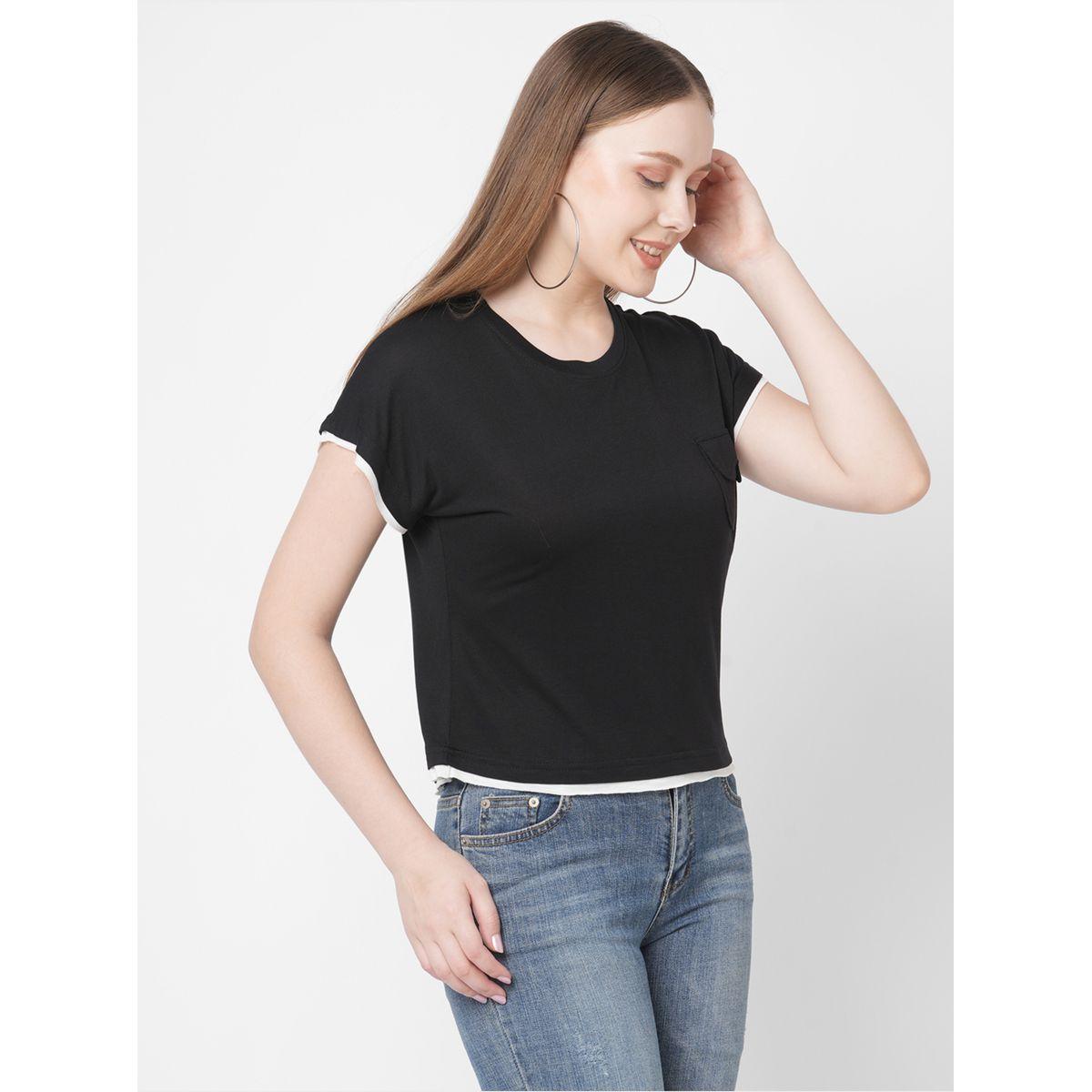Mish Women Black Contrast Trim Short Sleeve T-Shirt with Flap Pocket-women-clothing-tshirts-image-2