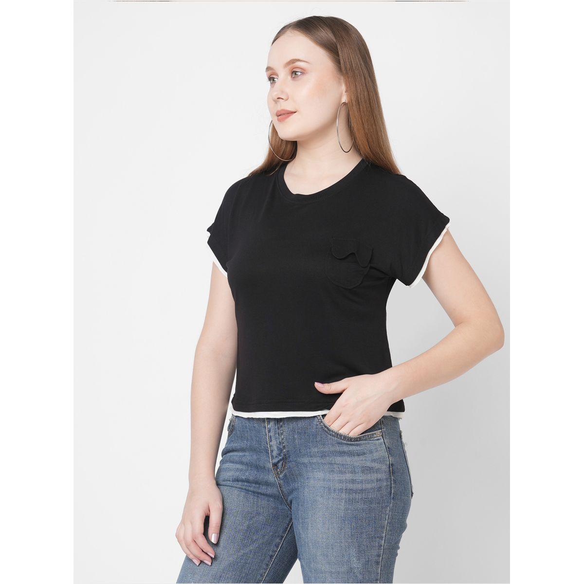 Mish Women Black Contrast Trim Short Sleeve T-Shirt with Flap Pocket-women-clothing-tshirts-image-3