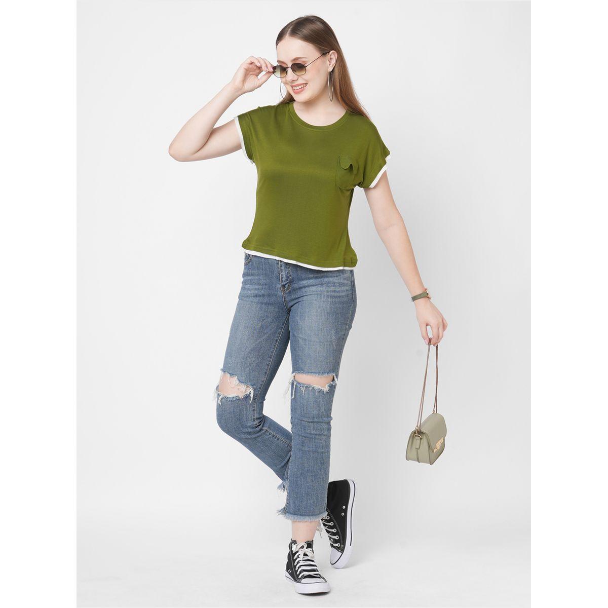 Mish Women Olive Contrast Trim Short Sleeve T-Shirt with Flap Pocket-women-clothing-tshirts-image-1