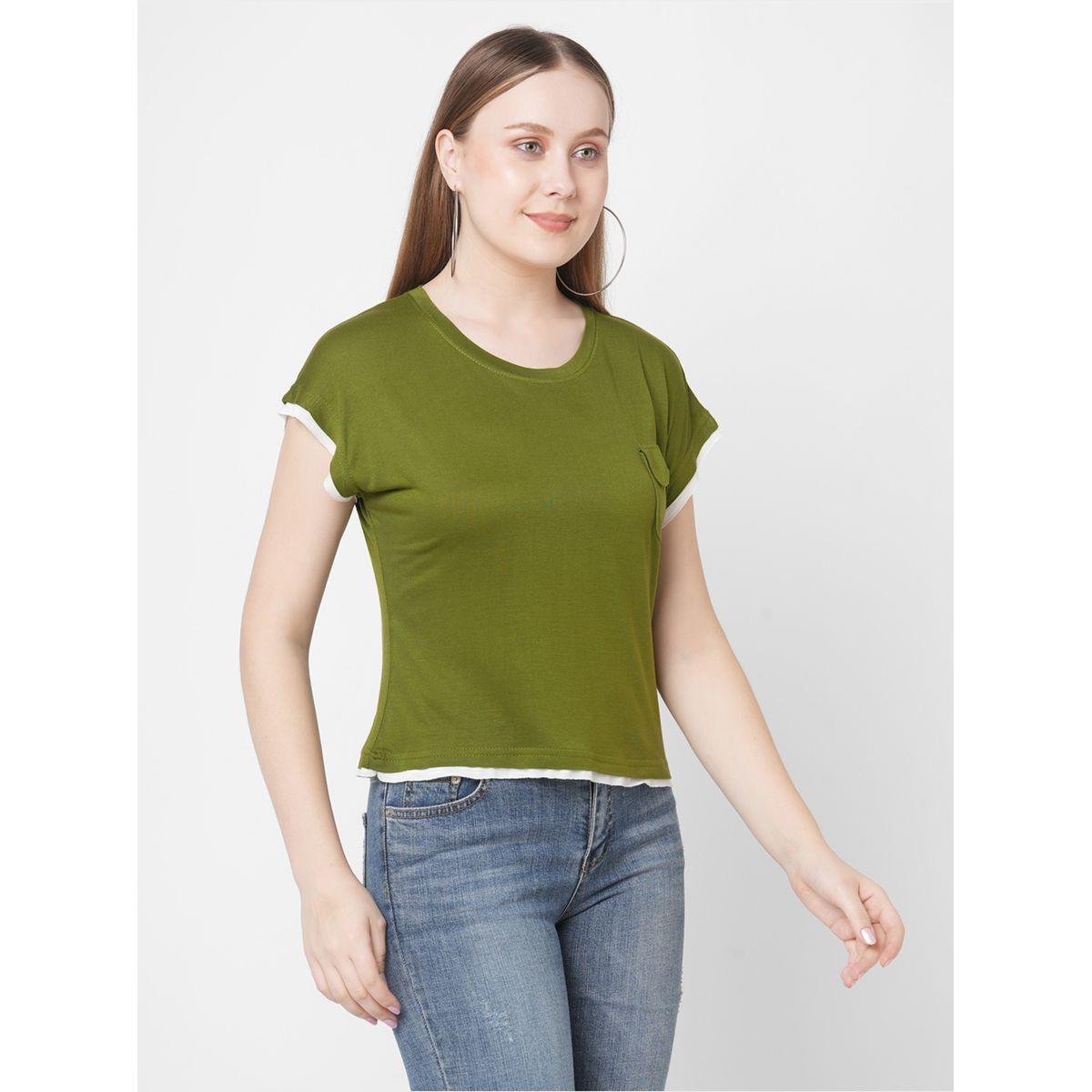 Mish Women Olive Contrast Trim Short Sleeve T-Shirt with Flap Pocket-women-clothing-tshirts-image-2