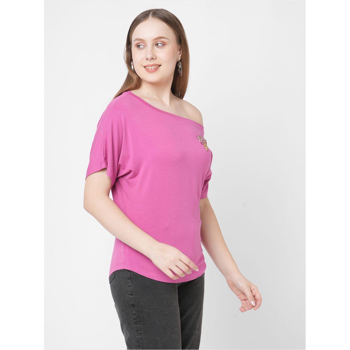 Mish Women Pink Embellished Detail One Side Off-Shoulder T-Shirt-women-clothing-tshirts-image-2