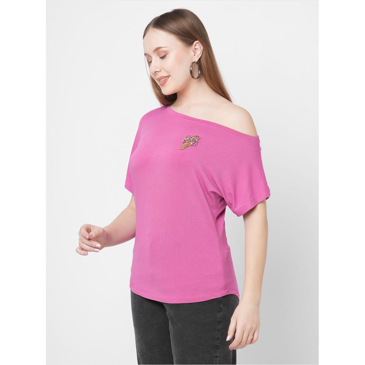 Mish Women Pink Embellished Detail One Side Off-Shoulder T-Shirt-women-clothing-tshirts-image-3