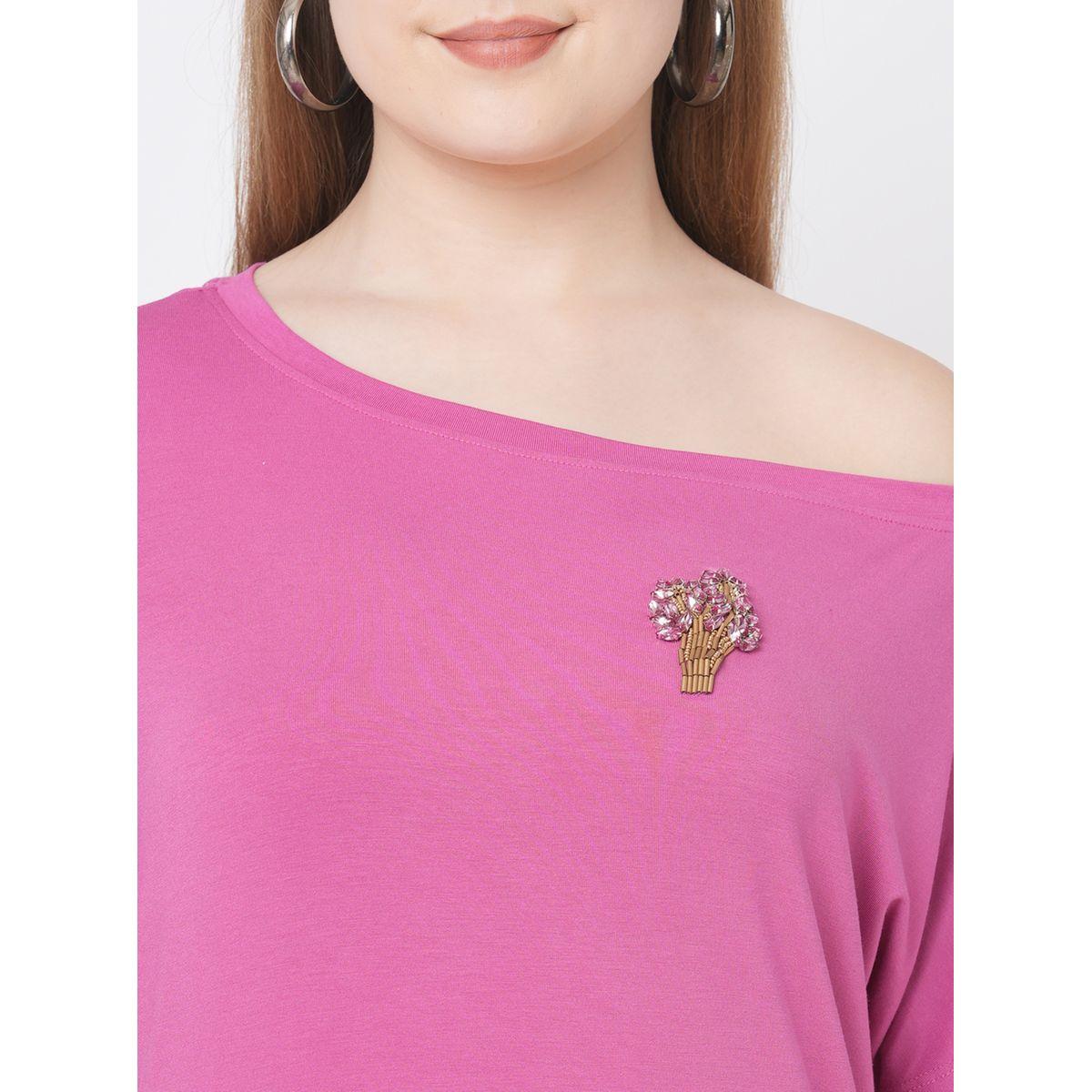 Mish Women Pink Embellished Detail One Side Off-Shoulder T-Shirt-women-clothing-tshirts-image-4