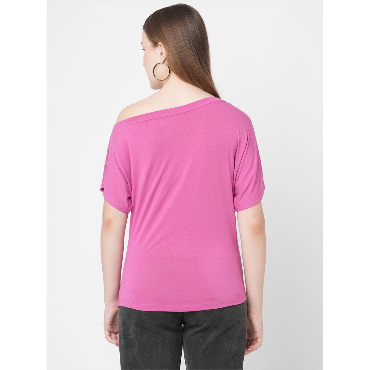 Mish Women Pink Embellished Detail One Side Off-Shoulder T-Shirt-women-clothing-tshirts-image-5