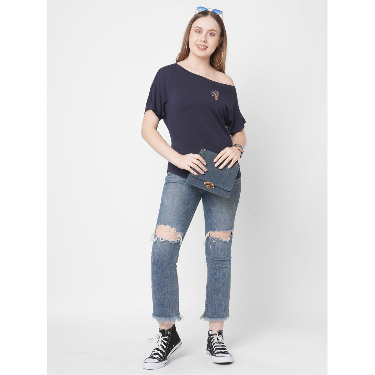 Mish Women Navy Blue Embellished Detail Asymmetric Neck T-Shirt-women-clothing-tshirts-image-1