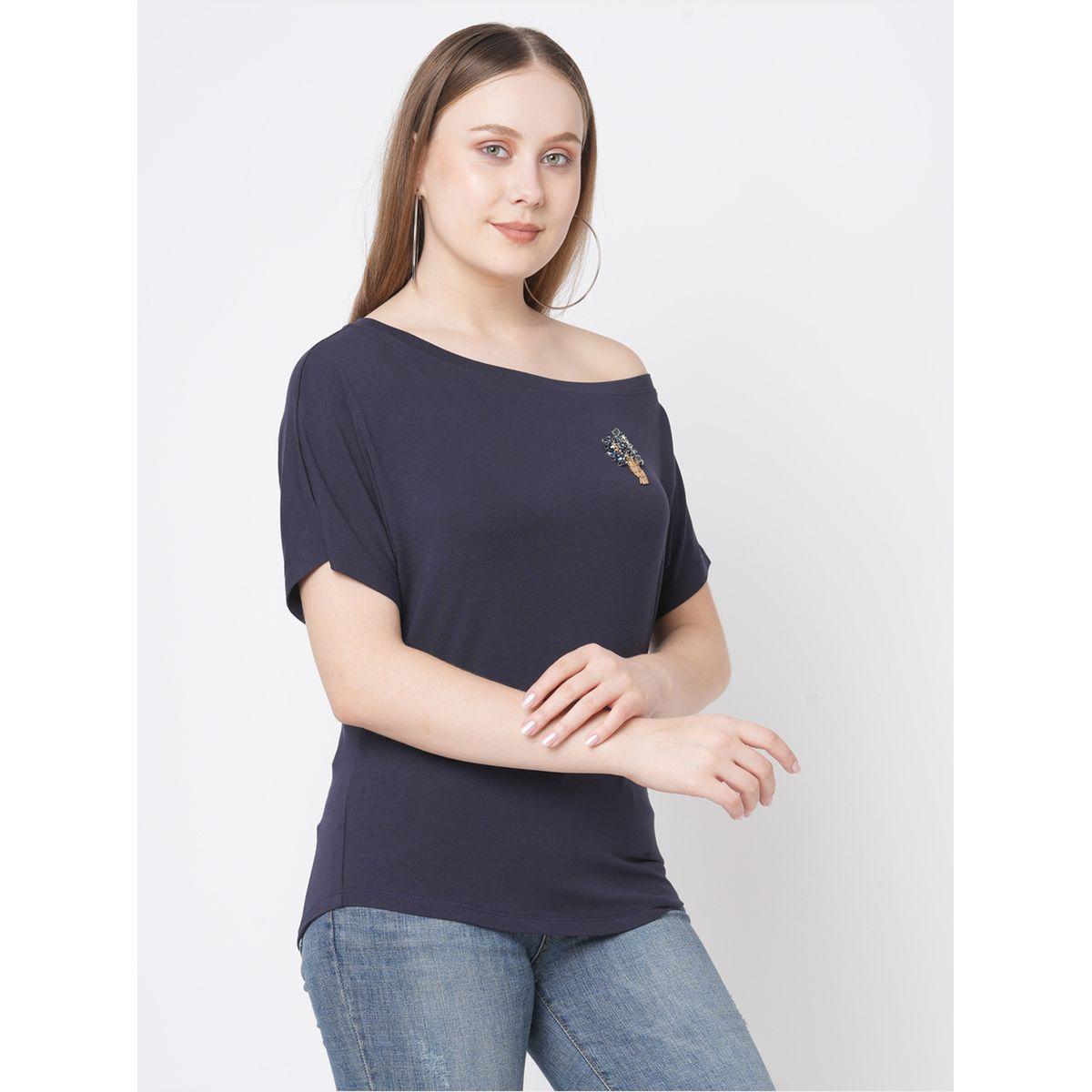Mish Women Navy Blue Embellished Detail Asymmetric Neck T-Shirt-women-clothing-tshirts-image-3