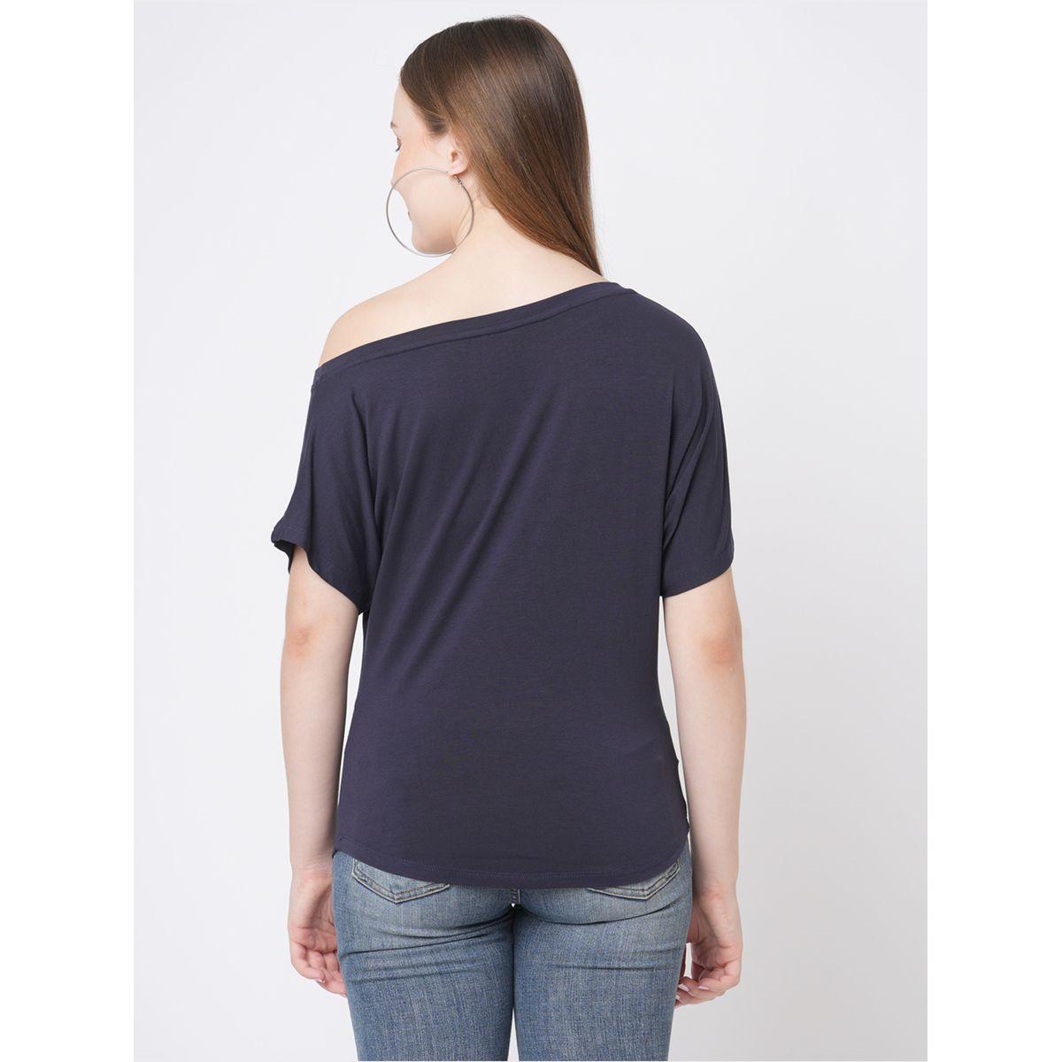 Mish Women Navy Blue Embellished Detail Asymmetric Neck T-Shirt-women-clothing-tshirts-image-5