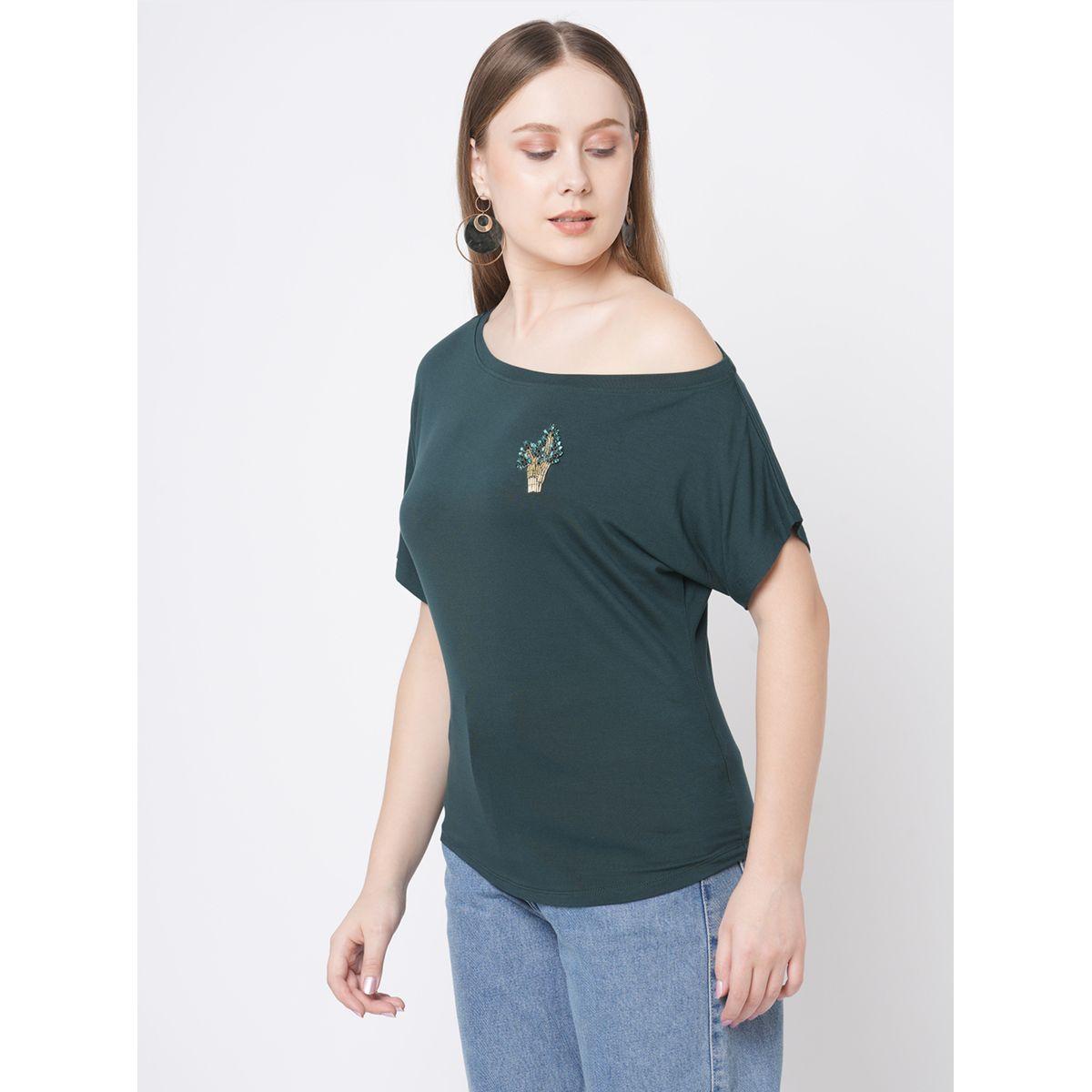 Mish Women Green Embellished Detail One Side Off-Shoulder T-Shirt-women-clothing-tshirts-image-4