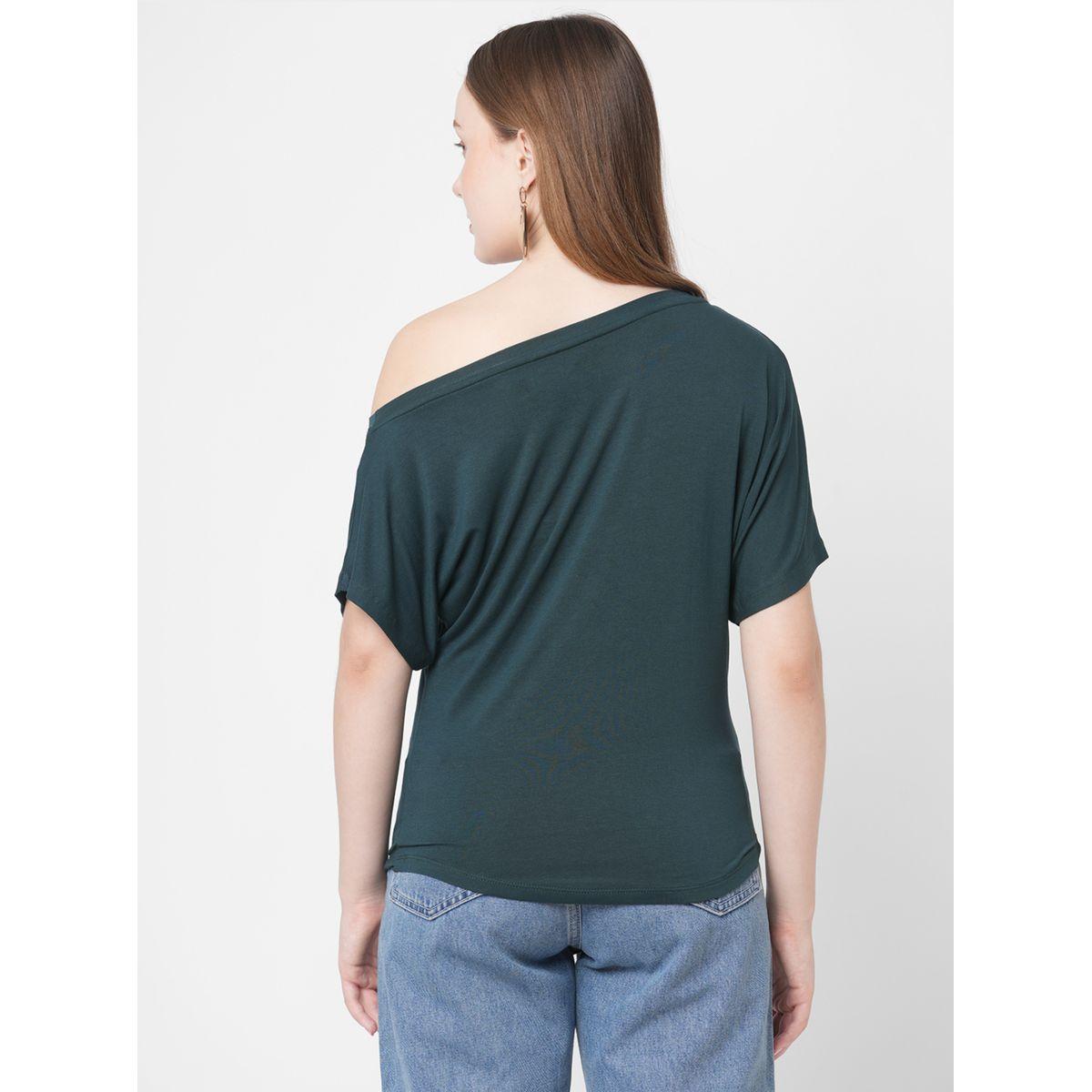 Mish Women Green Embellished Detail One Side Off-Shoulder T-Shirt-women-clothing-tshirts-image-5