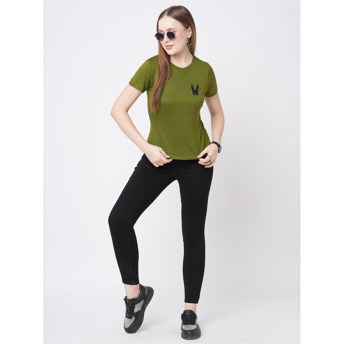 Mish Women Olive Embellished Bunny Detail Short Sleeve T-Shirt-women-clothing-tshirts-image-1