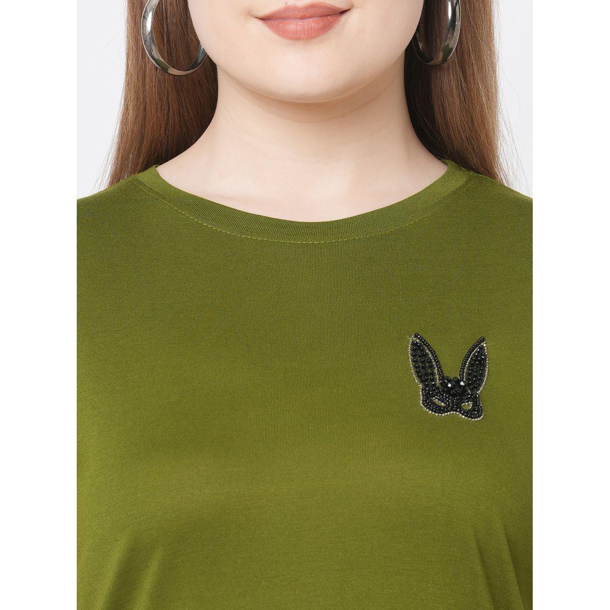 Mish Women Olive Embellished Bunny Detail Short Sleeve T-Shirt-women-clothing-tshirts-image-2