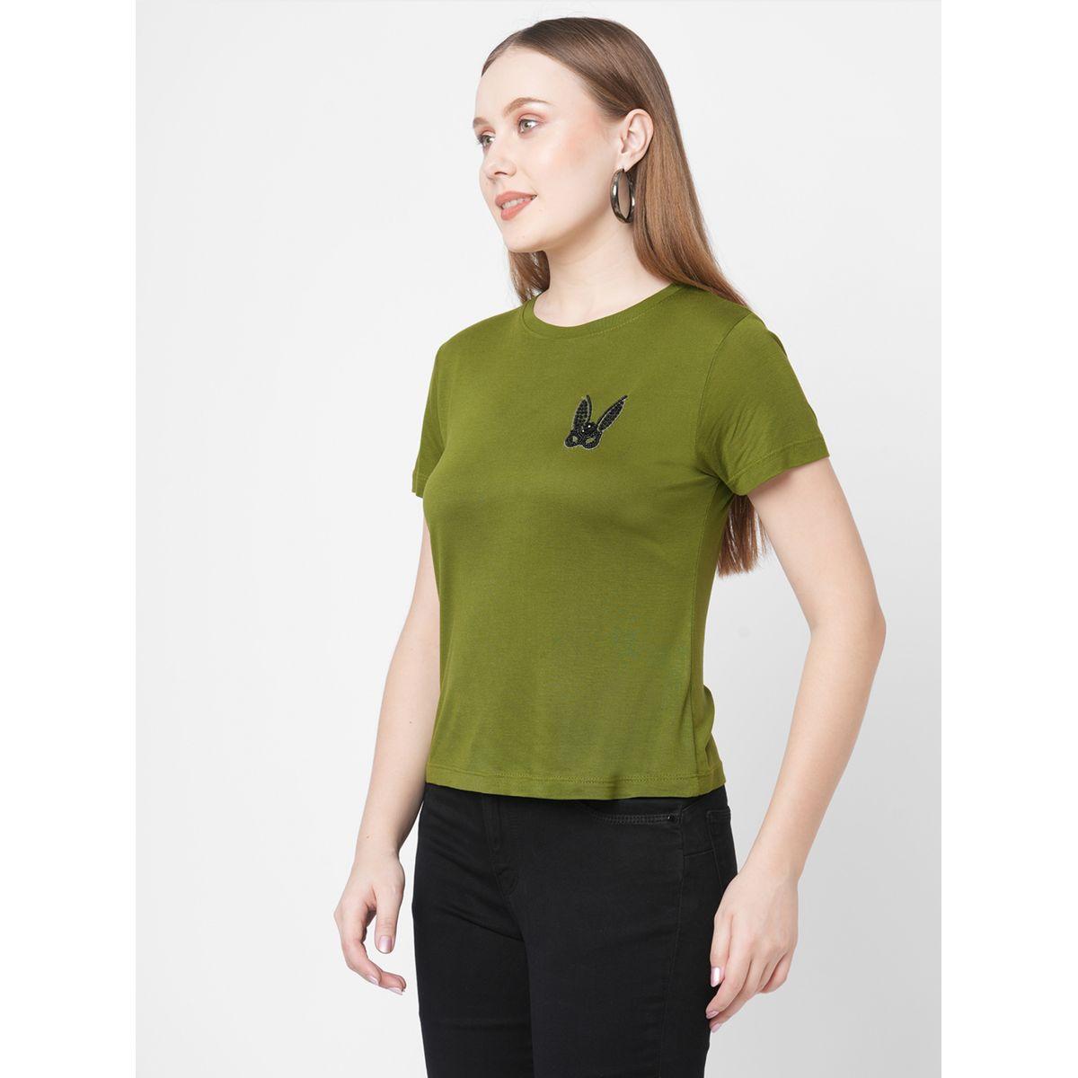 Mish Women Olive Embellished Bunny Detail Short Sleeve T-Shirt-women-clothing-tshirts-image-4