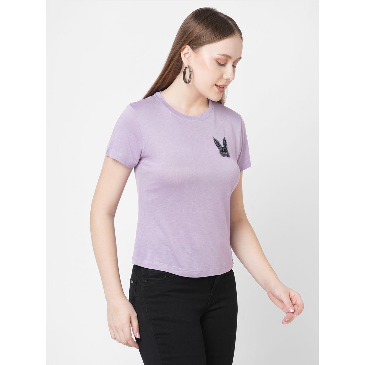 Mish Women Purple Embellished Bunny Detail Short Sleeve T-Shirt-women-clothing-tshirts-image-3