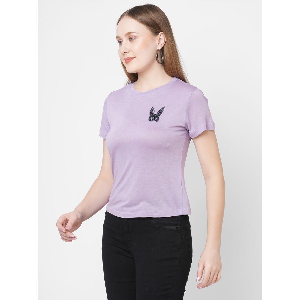 Mish Women Purple Embellished Bunny Detail Short Sleeve T-Shirt-women-clothing-tshirts-image-4