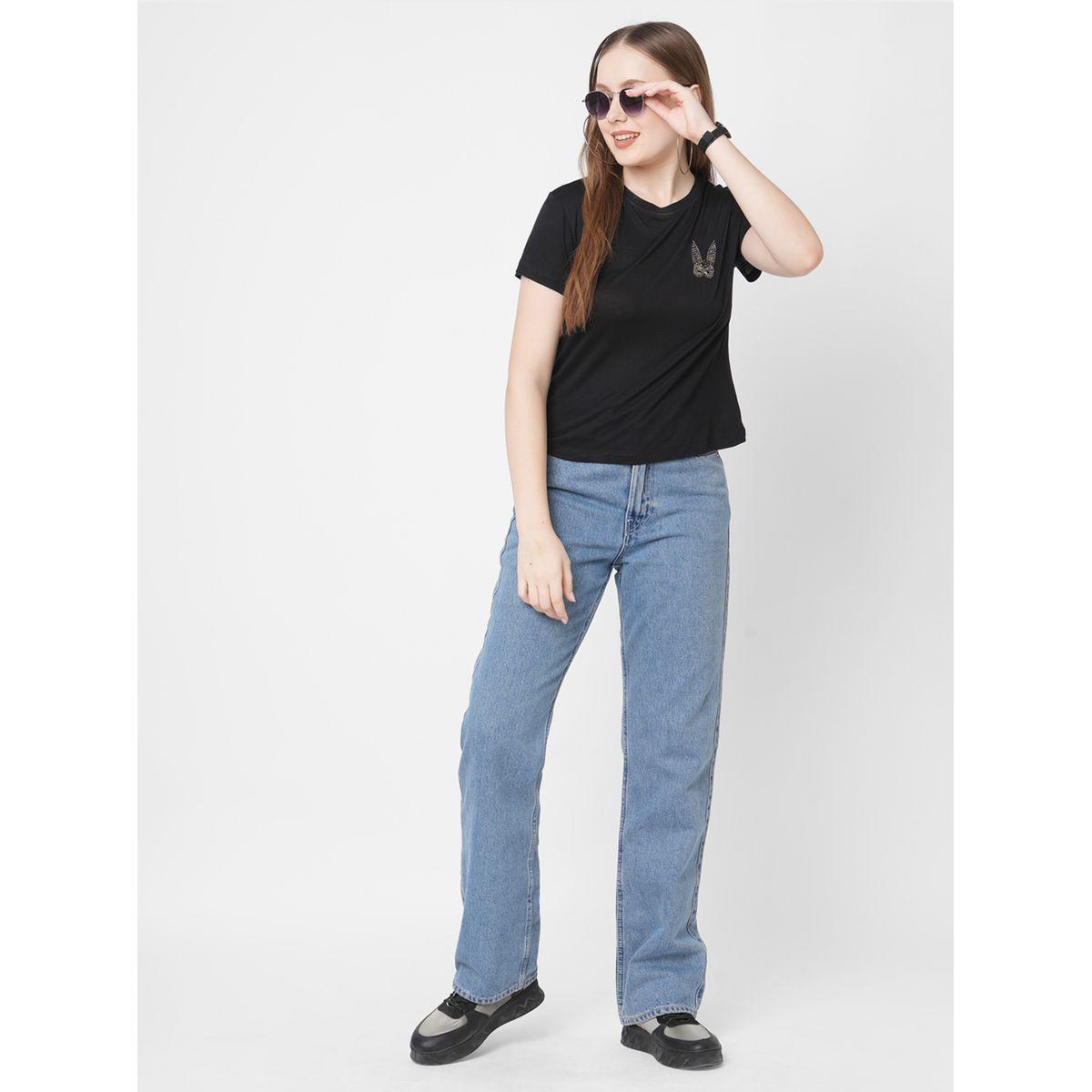 Mish Women Black Embellished Bunny Detail Short Sleeve T-Shirt-women-clothing-tshirts-image-1