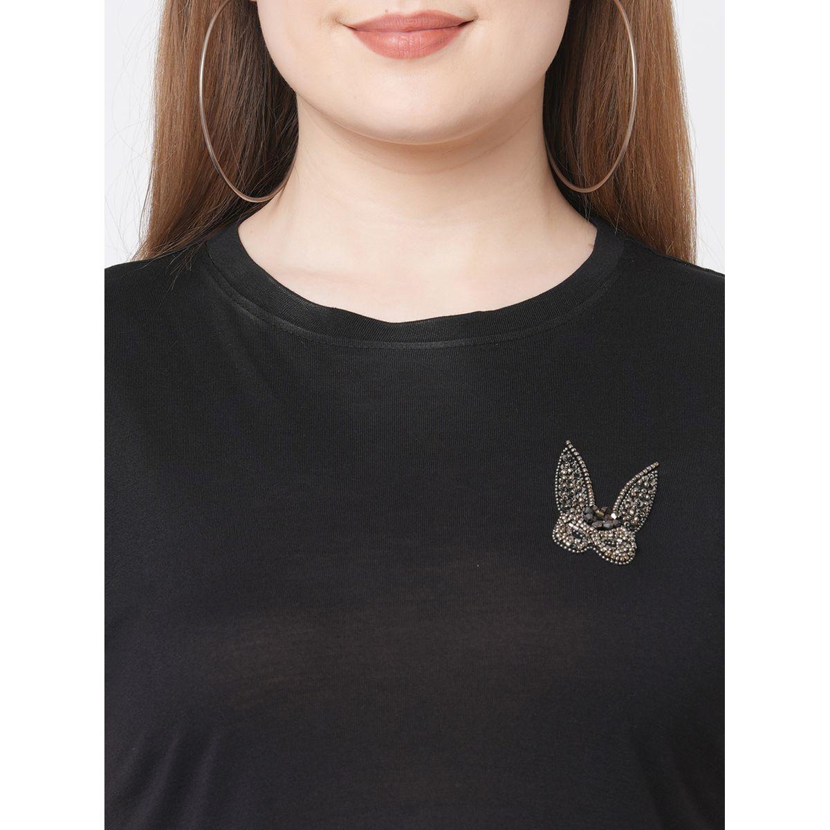Mish Women Black Embellished Bunny Detail Short Sleeve T-Shirt-women-clothing-tshirts-image-2