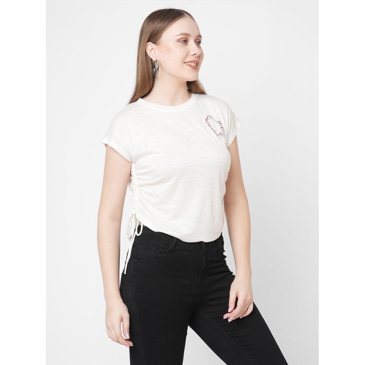 Mish Women White Embellished Heart Detail Side Drawstring T-Shirt-women-clothing-tshirts-image-3