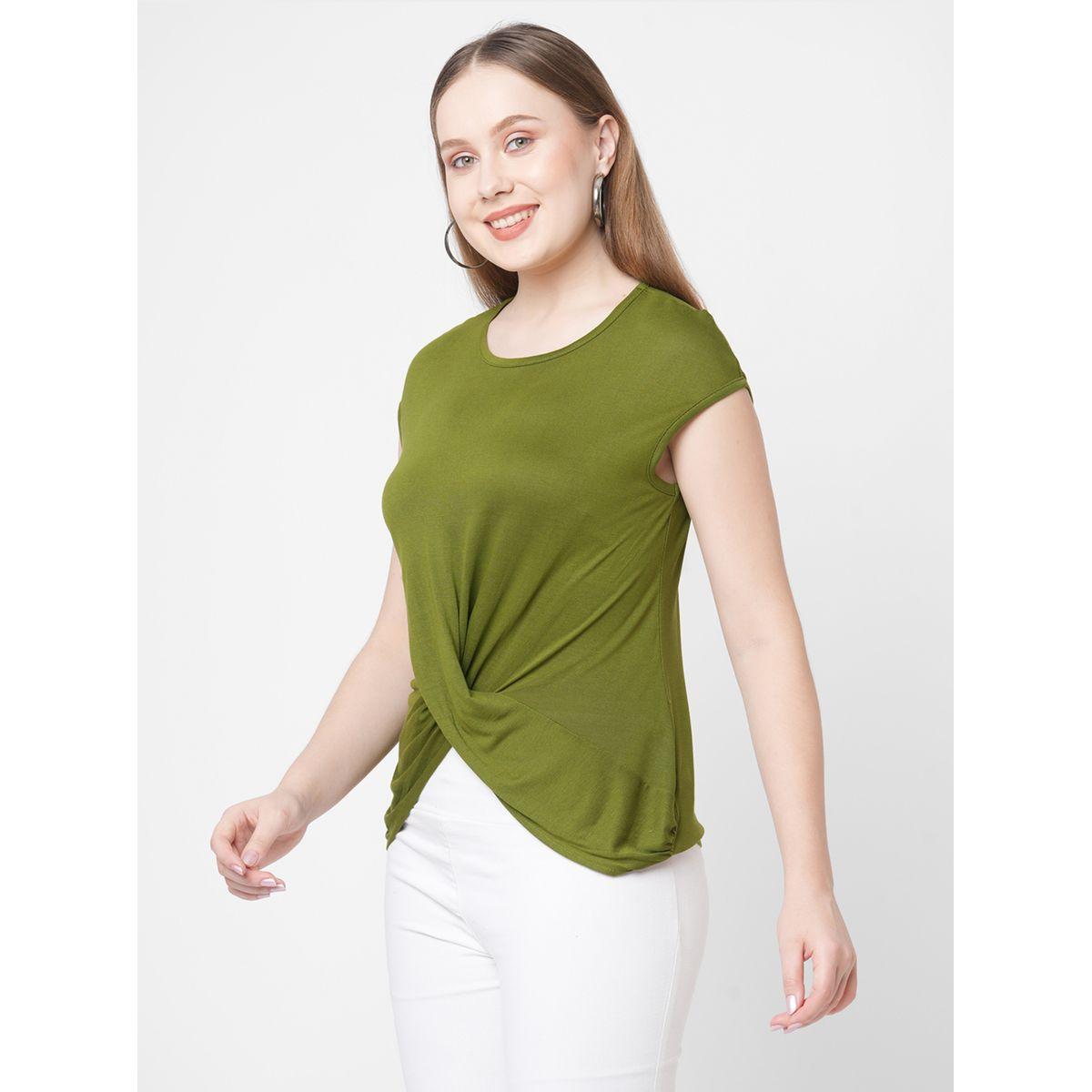 Mish Women Olive Solid Twist Front Short Sleeve T-Shirt-women-clothing-tshirts-image-4
