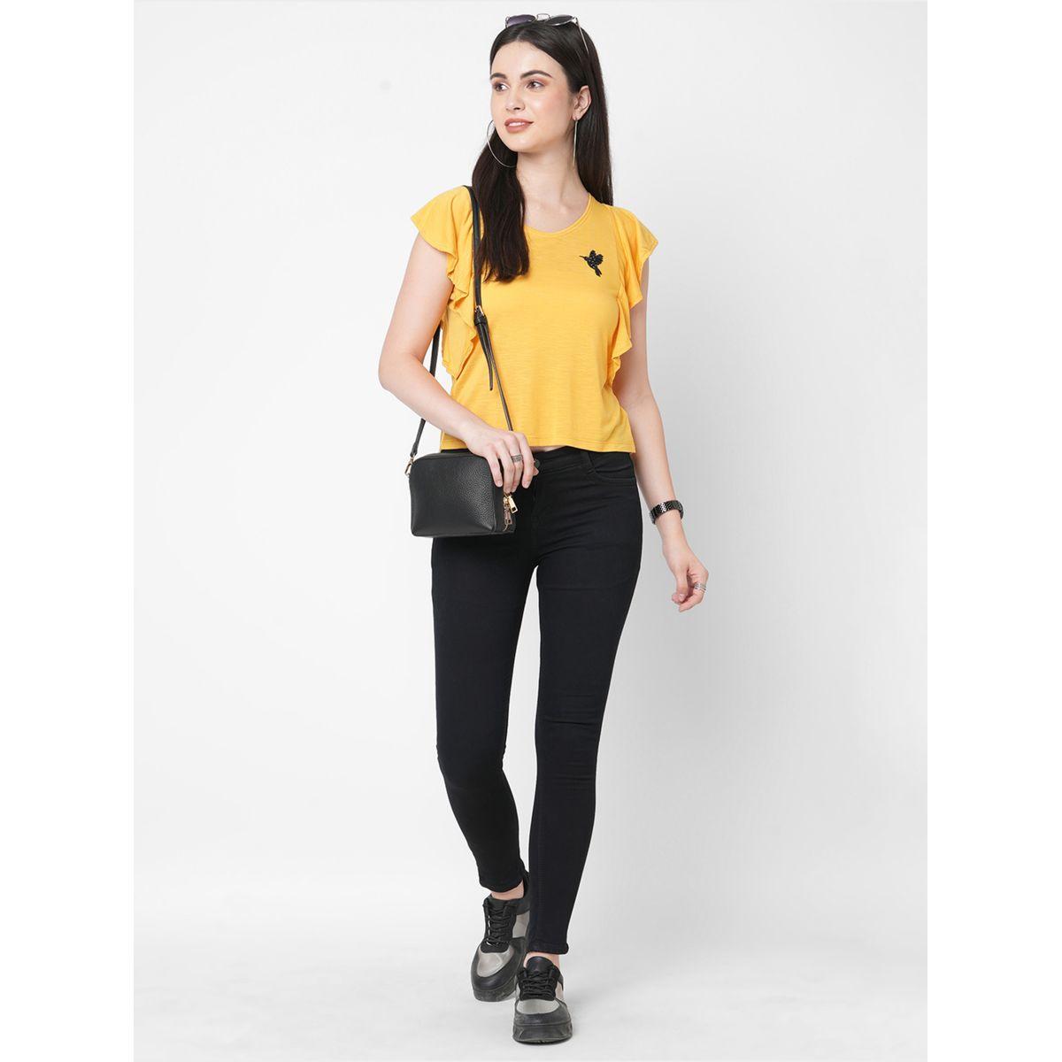 Mish Women Yellow Embellished Bird Detail Ruffled Sleeves T-Shirt-women-clothing-tshirts-image-1