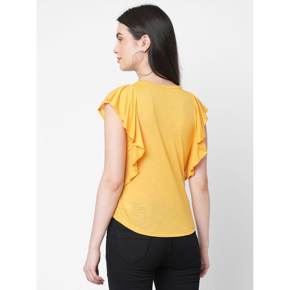 Mish Women Yellow Embellished Bird Detail Ruffled Sleeves T-Shirt-women-clothing-tshirts-image-5