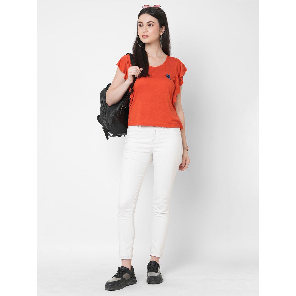 Mish Women Orange Embellished Bird Detail Ruffled Sleeves T-Shirt-women-clothing-tshirts-image-1