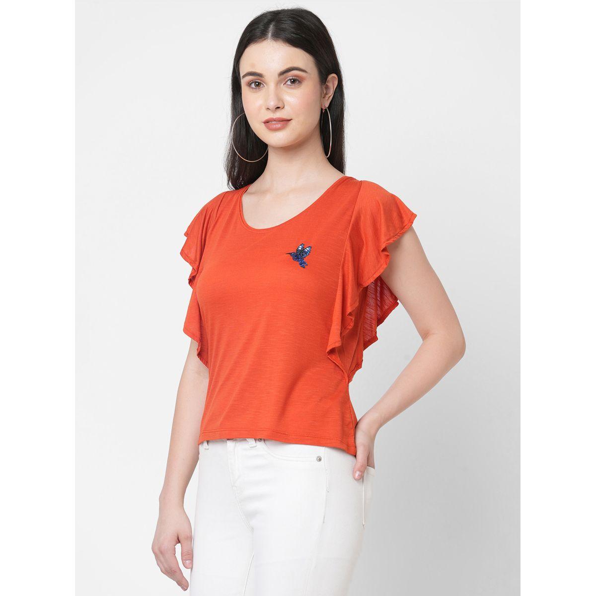 Mish Women Orange Embellished Bird Detail Ruffled Sleeves T-Shirt-women-clothing-tshirts-image-4