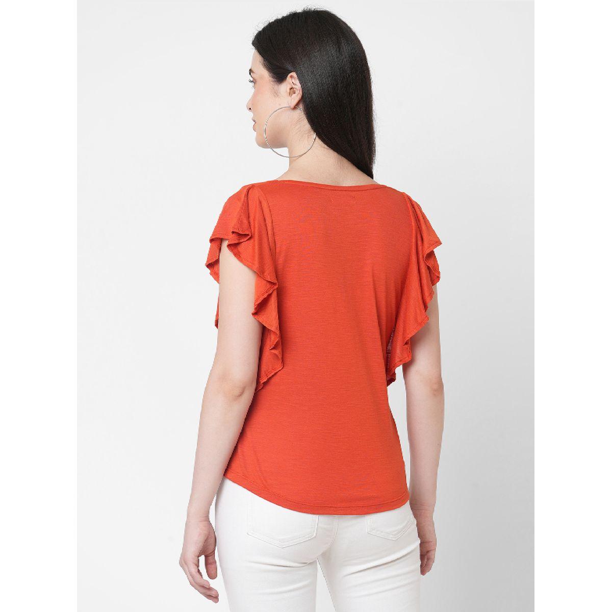 Mish Women Orange Embellished Bird Detail Ruffled Sleeves T-Shirt-women-clothing-tshirts-image-5