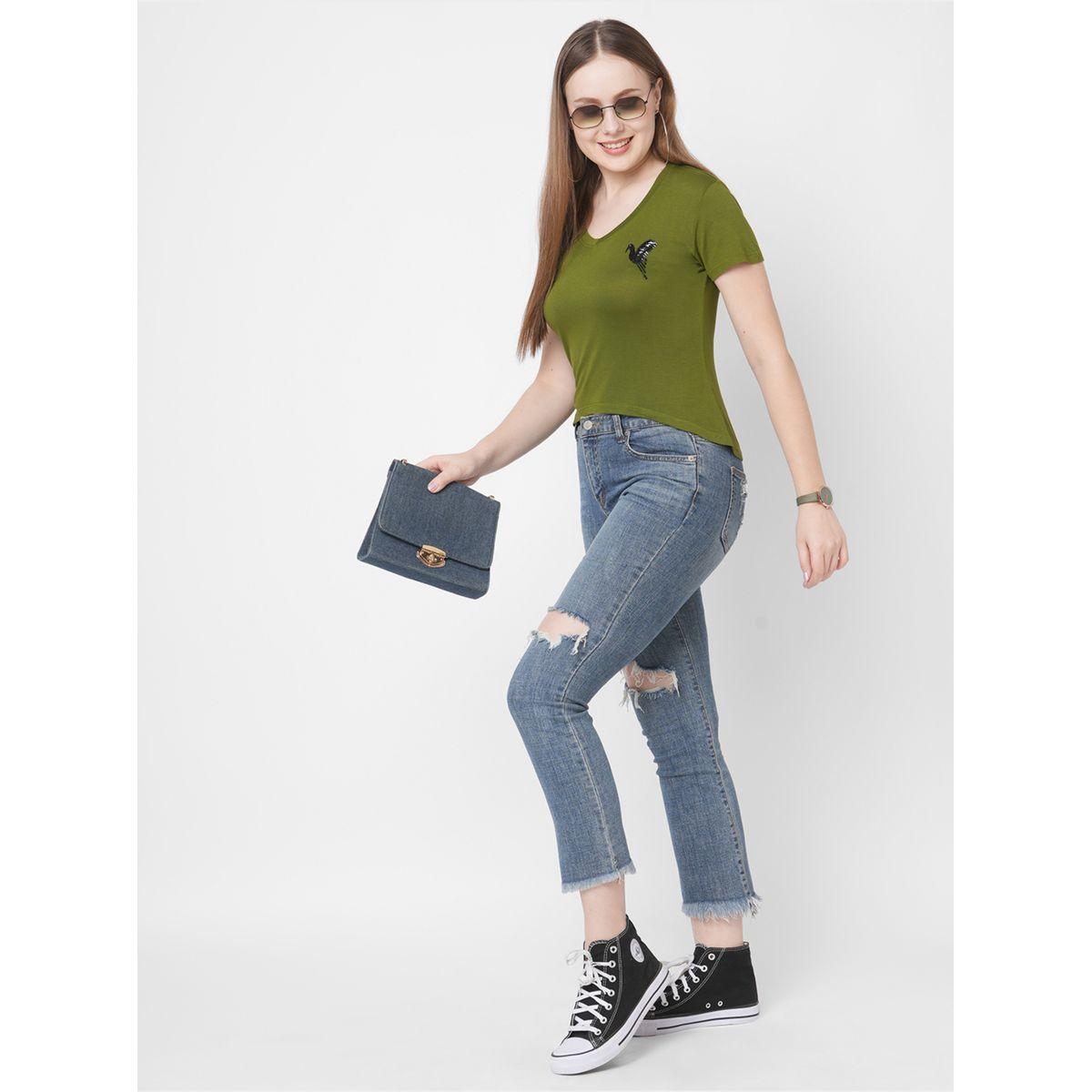 Mish Women Olive Embroidered Bird Detail Short Sleeve T-Shirt-women-clothing-tshirts-image-1