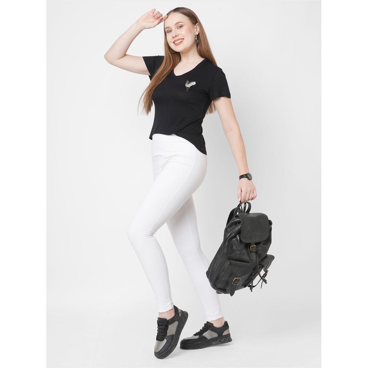 Mish Women Black Embroidered Bird Detail Short Sleeve T-Shirt-women-clothing-tshirts-image-1