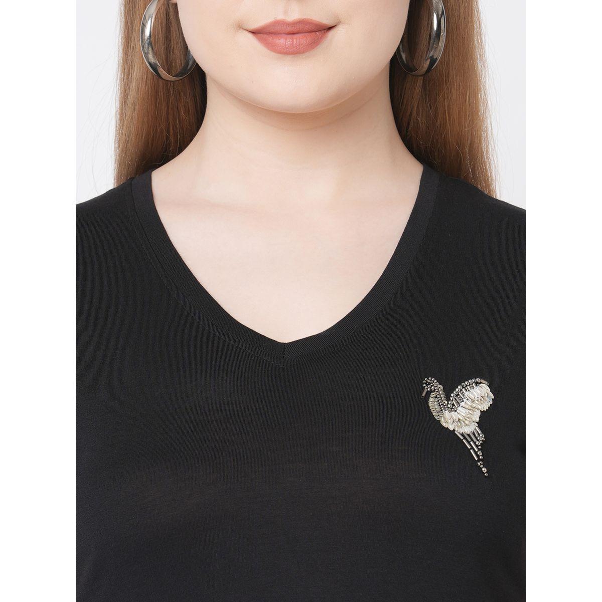 Mish Women Black Embroidered Bird Detail Short Sleeve T-Shirt-women-clothing-tshirts-image-2