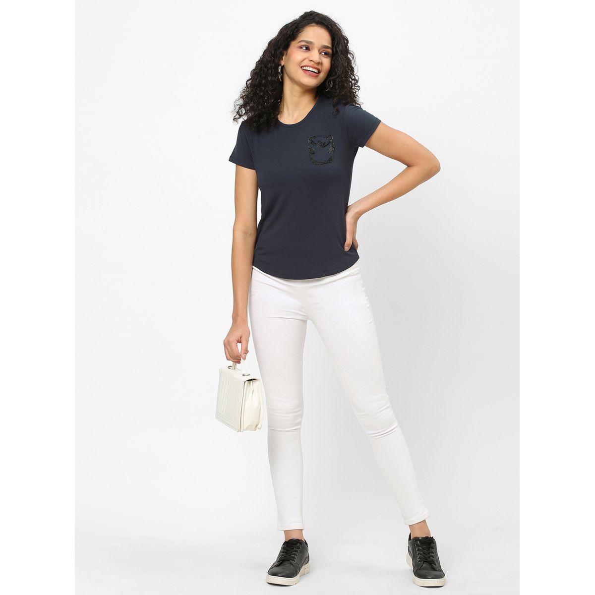Mish Women Navy Blue Embellished Detail Short Sleeve T-Shirt-women-clothing-tshirts-image-1