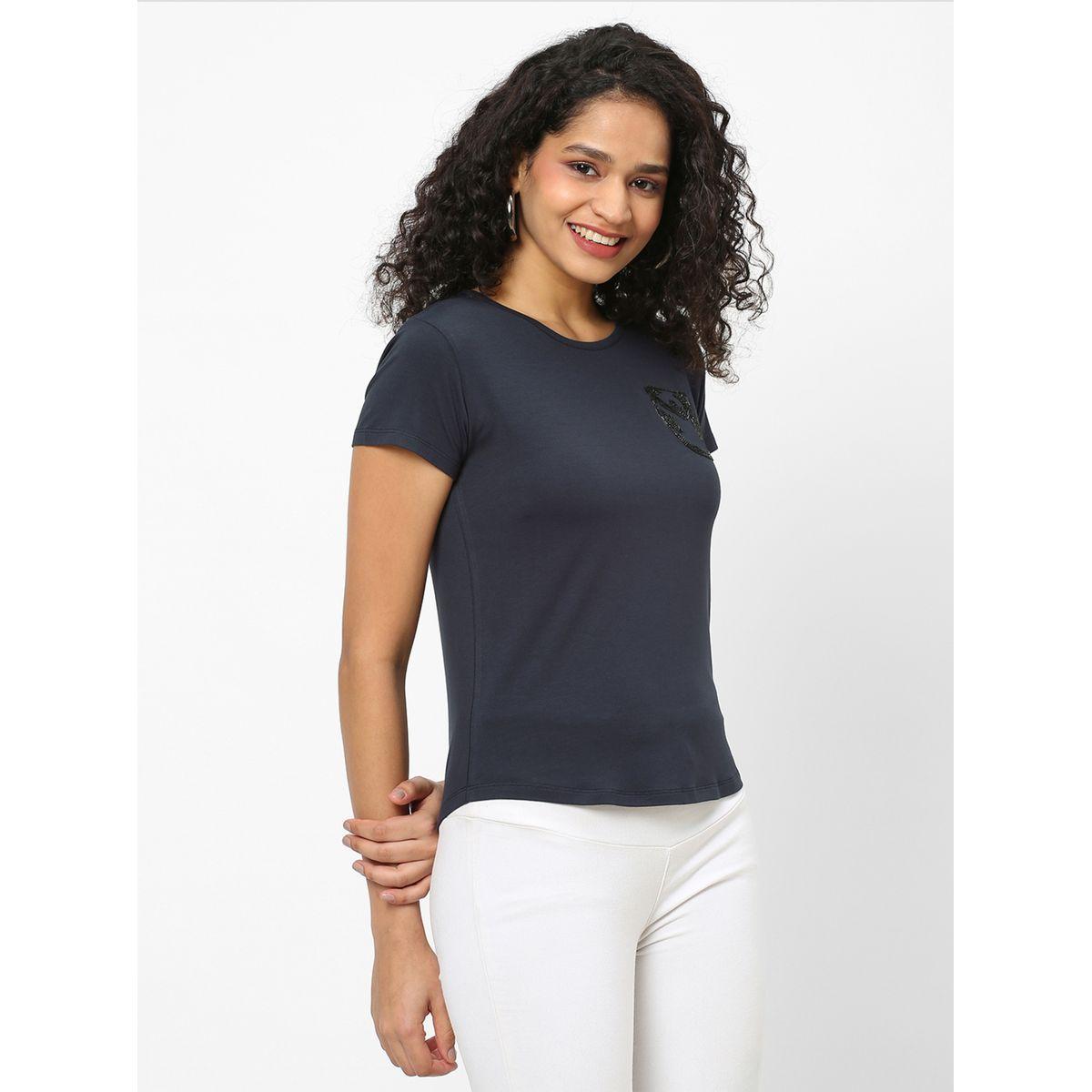 Mish Women Navy Blue Embellished Detail Short Sleeve T-Shirt-women-clothing-tshirts-image-3